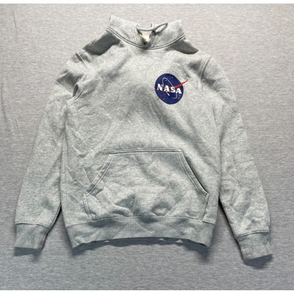 H&M Hoodie Unisex XS Heather Gray Graphic Print NASA Space Logo Cotton Ribbed